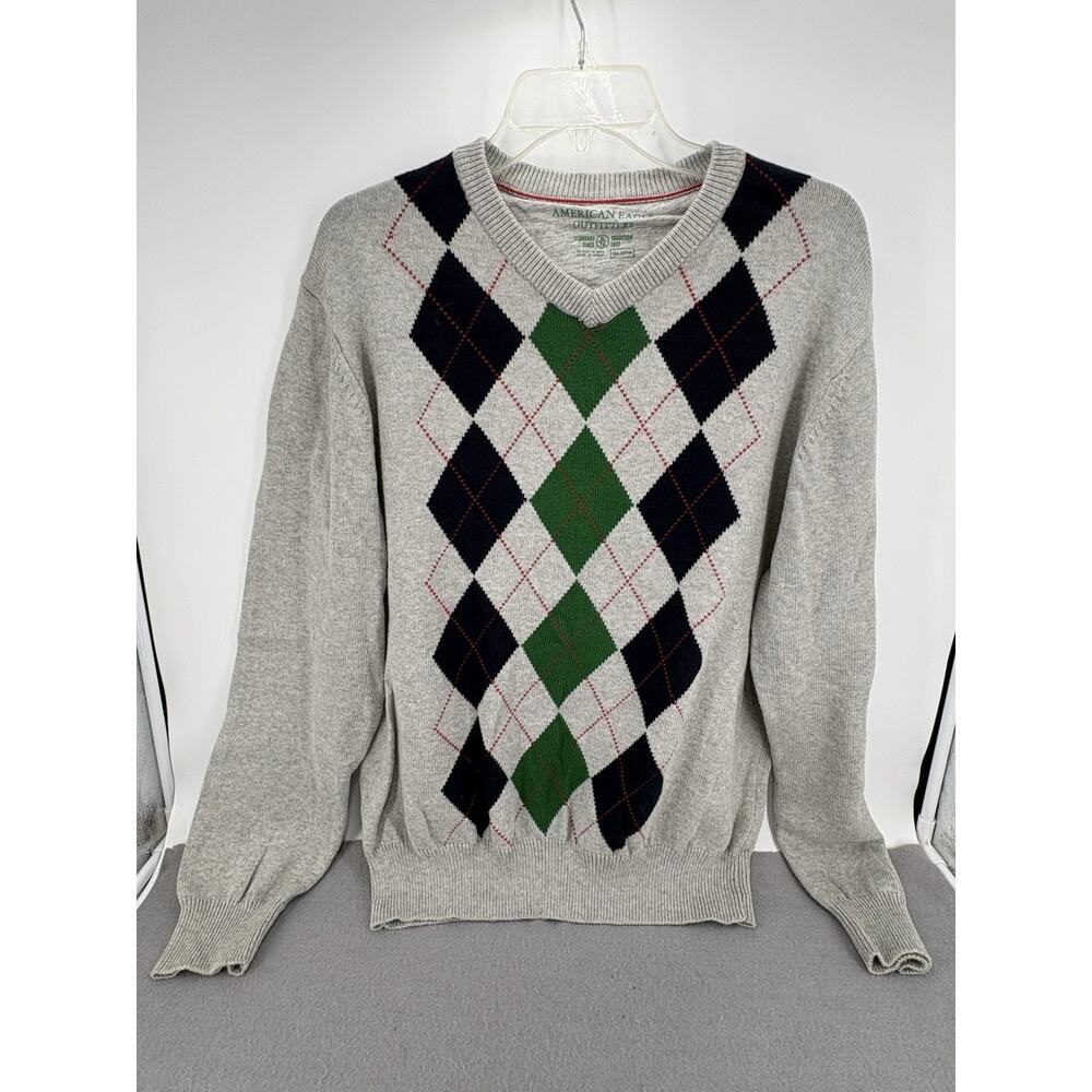 American Eagle Sweater Mens XL Gray Argyle Pullover Sweatshirt Grandpa Academia
